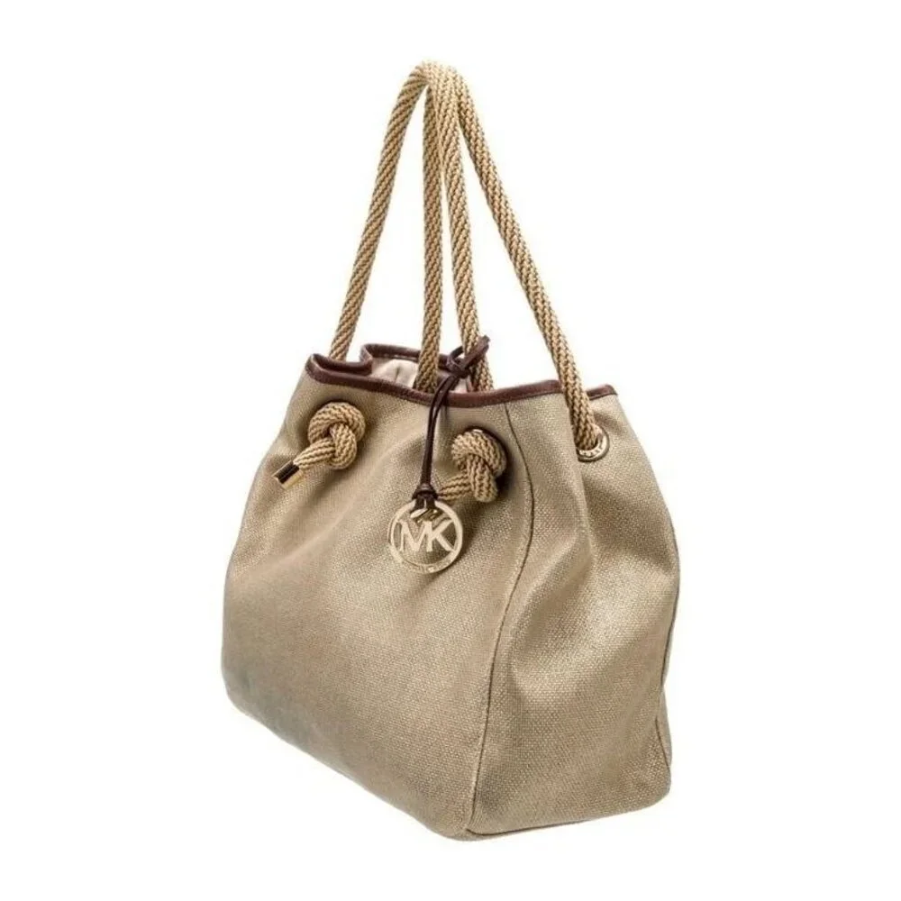 Michael Kors Gold Canvas Shoulder Bag – Leather Trim, Logo Lining